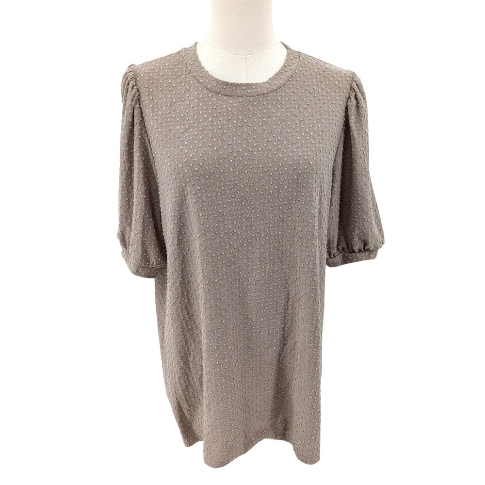 Minimalist Textured Blouse Taupe Puff Sleeve Swiss Dot Bohme‎ Top XL layer work